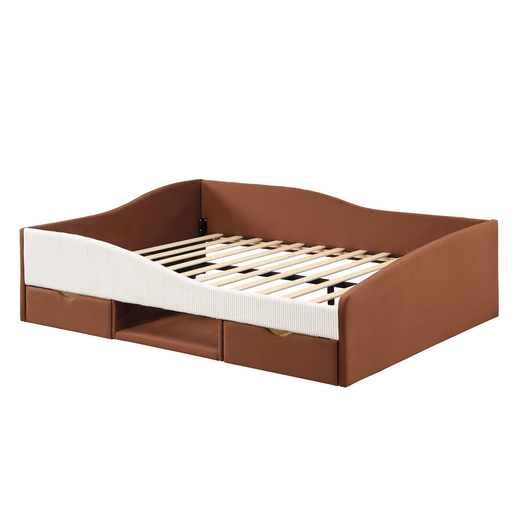 Aukfa Full Size Upholstered Daybed with 2 Storage Drawers, Shelf and Curved Guardrails, Velvet Bed Frame, Brown
