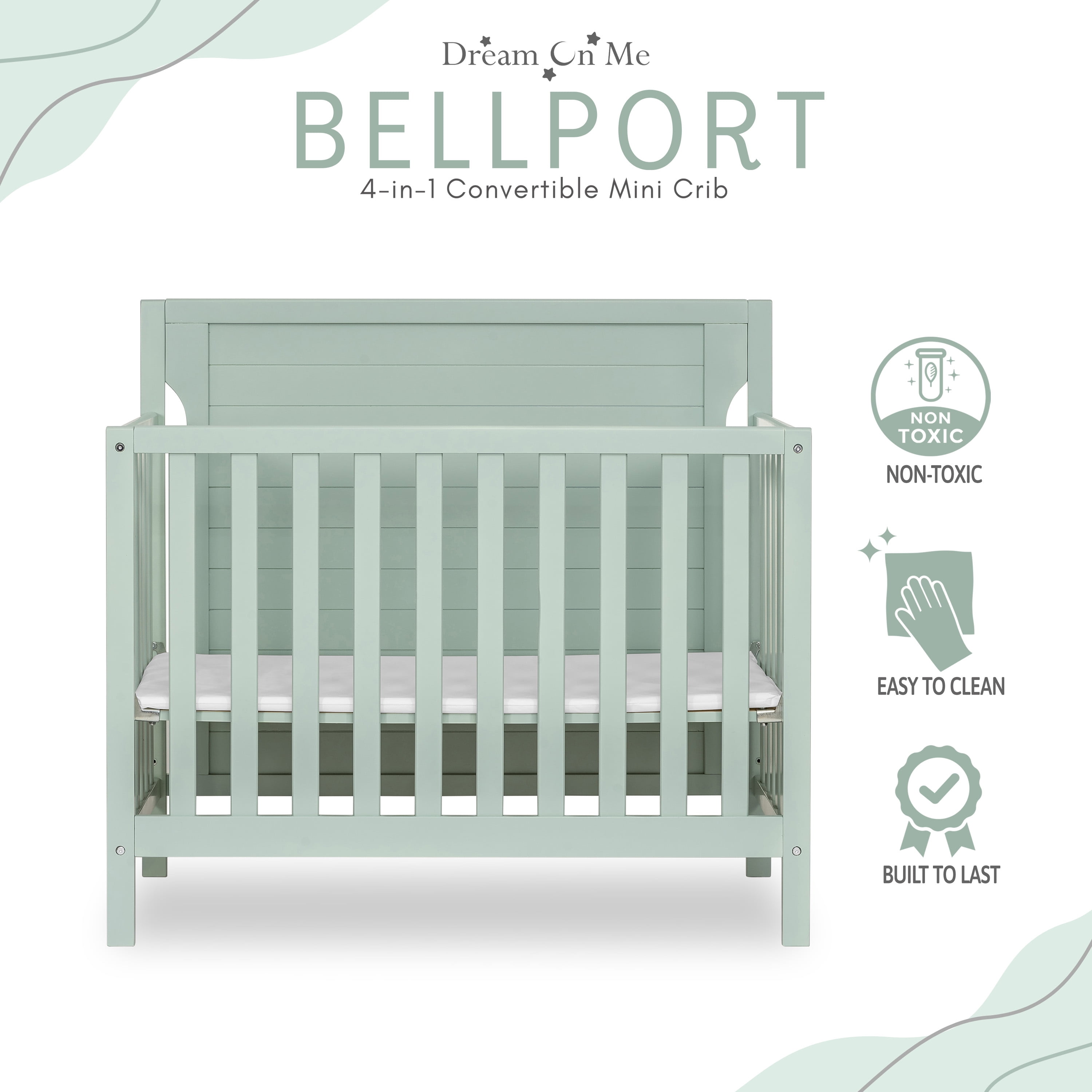 Dream On Me Bellport 4 in 1 Convertible Mini/Portable Crib in Light Seafoam Green, Non-Toxic Finish, Made of Sustainable New Zealand Pinewood, with 3 Mattress Height Settings