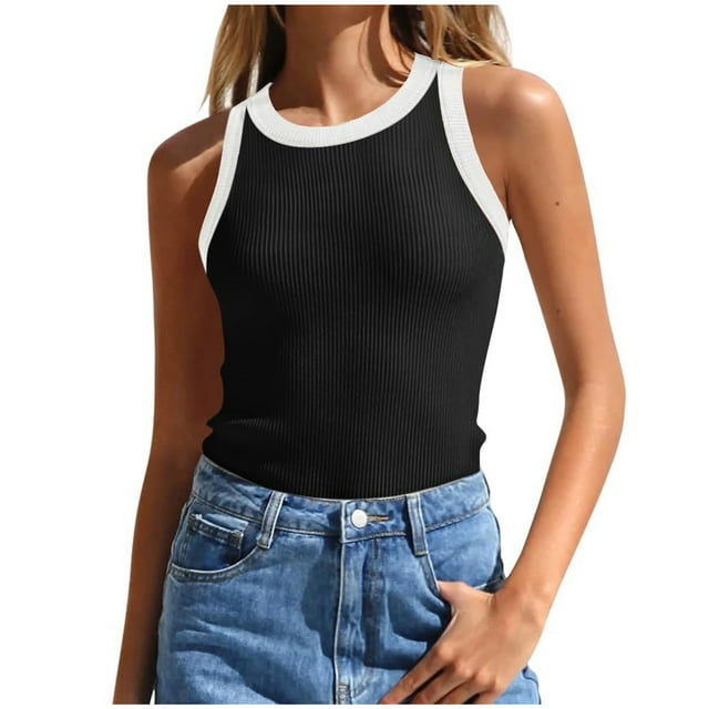 Summer Savinghs KIHOUT Summer Tops for Women, Womens Summer Sleeveless Tank Tops Ribbed High Neck Racerback Slim Fitted Color Block Casual Shirts (Black 2XL)