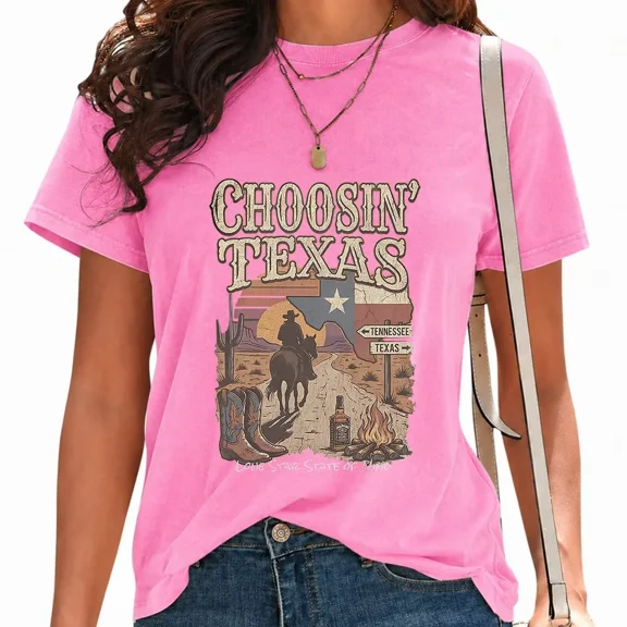 UNISHE Womens Choosin Texas Print T Shirts Vintage Washed Western Country Graphic Tee Casual Streetwear Tops Pink, M