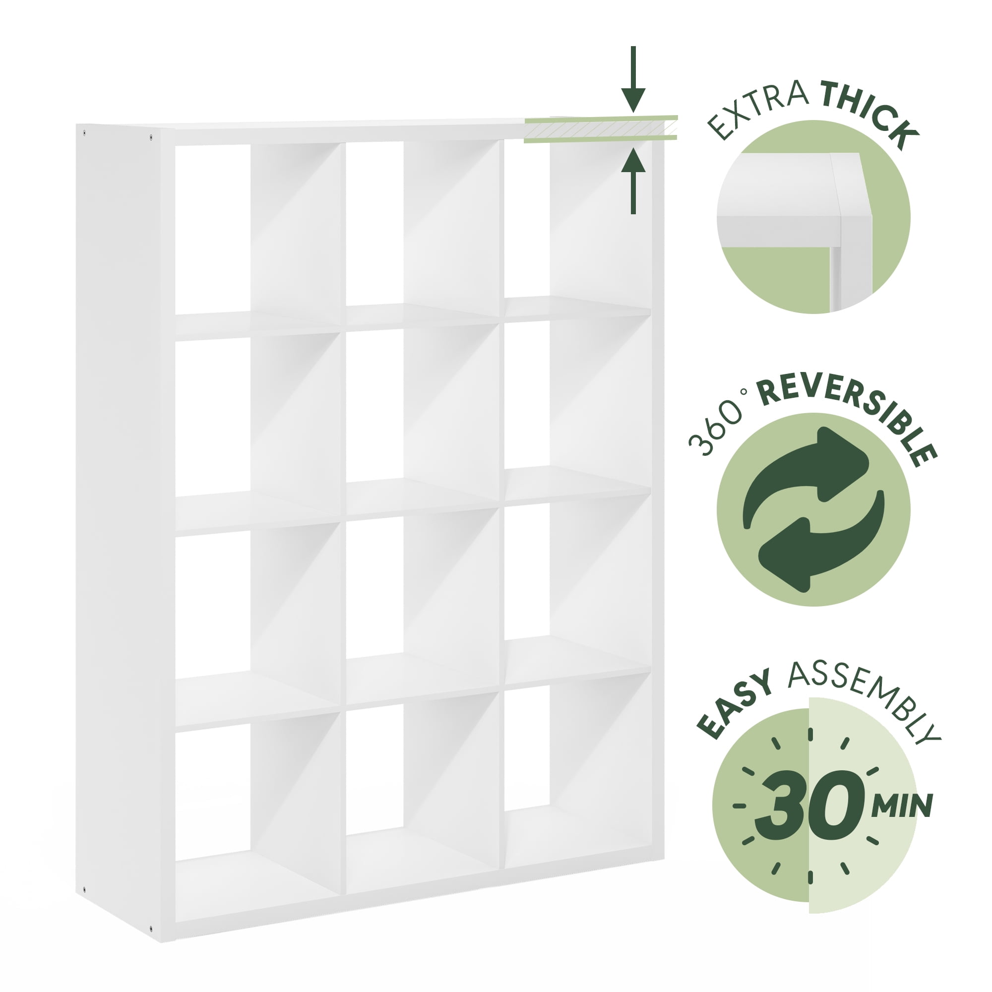 Furinno CUBICLE Book Shelf, 12-Cube Thick Frame Bookshelf, Reversible Bookcase with Open Back, 14.6 x 43.8 x 58, for Living Room, Bedroom, Home Office, White