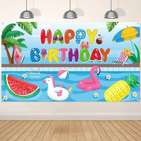 Summer Pool Happy Birthday Background Summer Beach Decorations Tropical Watermelon Flamingo Baby Shower Birthday Photography Background Backyard Banner Decoration Photo Booth Props