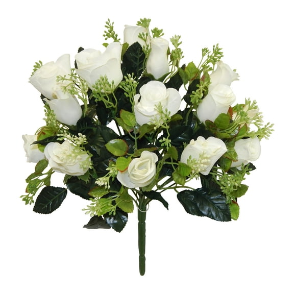 White Rose Bud with Gypsophila 13in Artificial Polysilk Faux Fake Flower Bush for Craft Home Garden Outdoor Bouquet Arrangement Ceremony Wedding Arch Floral Wall Aisle Decor (White, Set of 2)