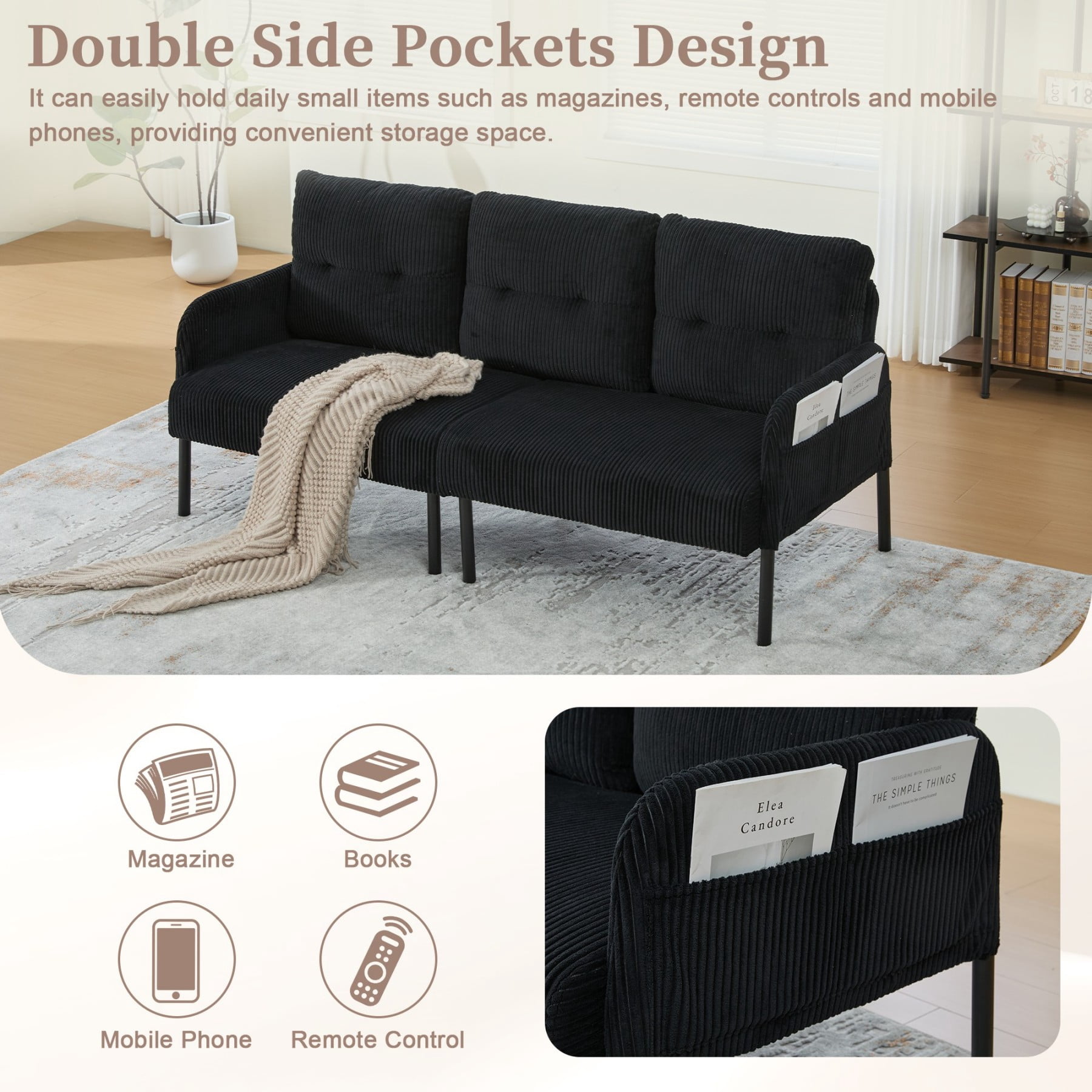 Oversized Loveseat Sofa, Modern Corduroy Upholstered Couch with Side Pockets & Metal Legs for Living Room Bedroom, Black