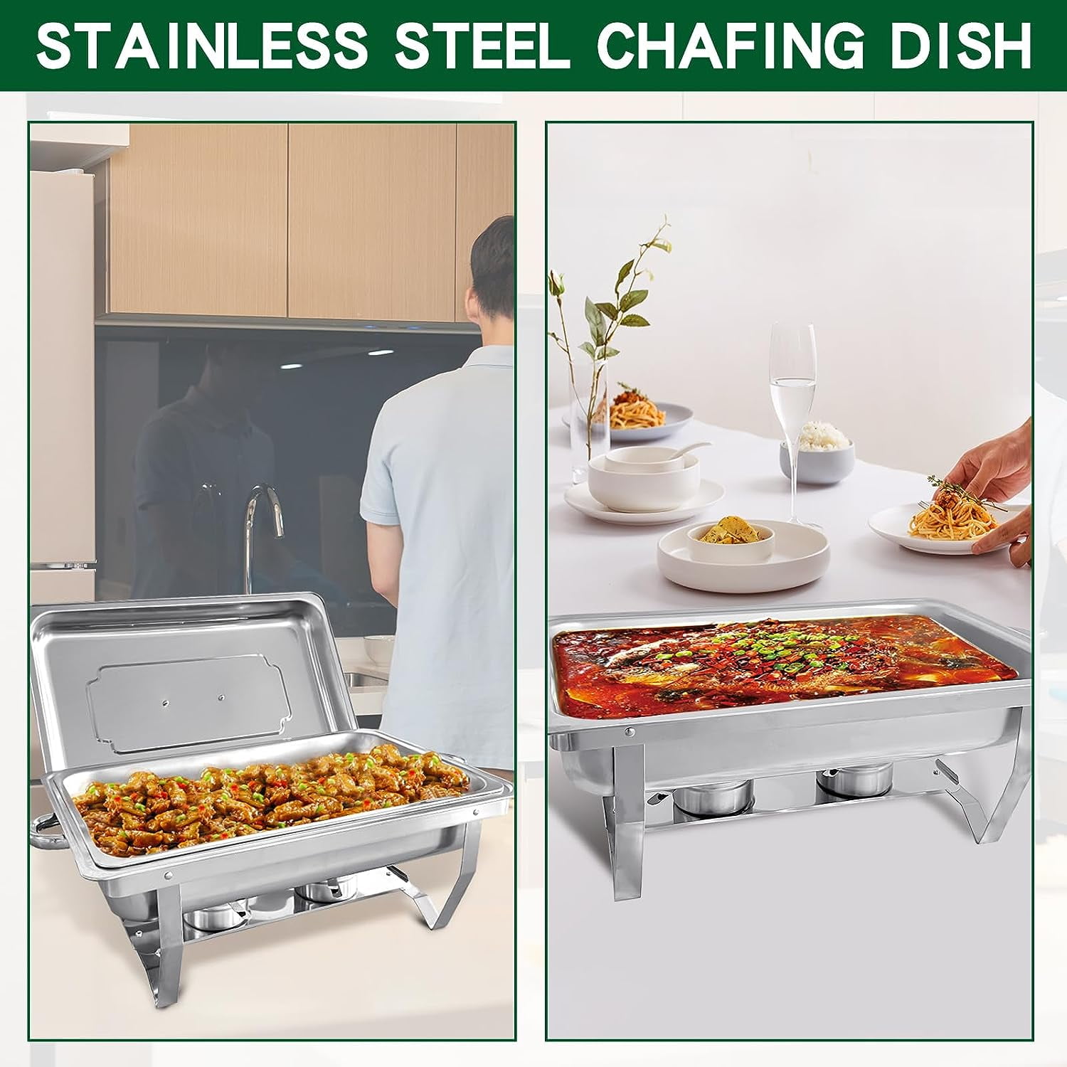 PRIJESSE 4 Pack Chafing Dish Buffet Set, 8QT Stainless Steel Rectangular Chafers and Buffet Warmer Sets for Catering, with Food & Water Pan, Lid, Foldable Frame, Fuel Holder