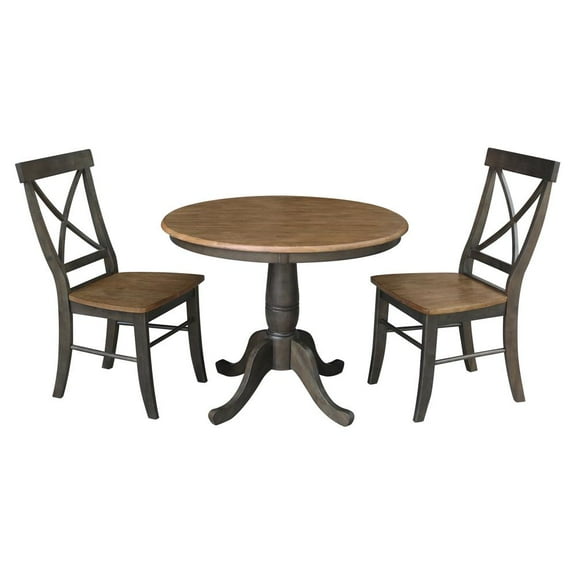 36" Round Wood Table With 2 X-Back Chairs in Hickory/Washed Coal - 3 Piece Set