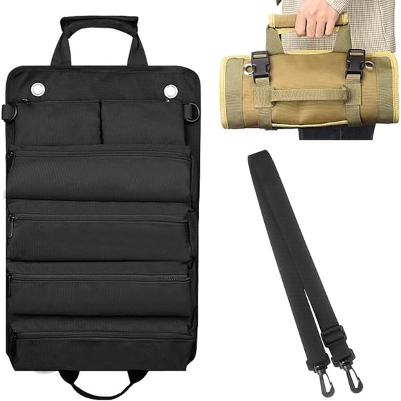 Premium Roll up Tool Bag- Heavy Duty Small ToolBag Organizer and Storage with Detachable Pouches,ToolBag Organizer for Handyman Mechanic Craftsman Electrician Rollup Toolbag (Black)