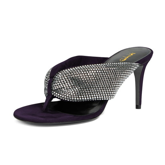 XYD Women Fashion Rhinestones Studded Band Flip Flops High Heel Open Toe Thong Sandals Dressy Party Shoes Size 7 Purple