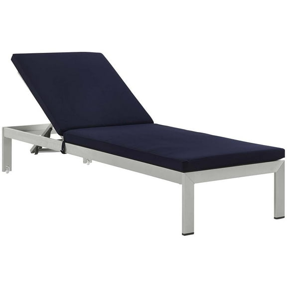 Modway Shore Outdoor Patio Aluminum Chaise with Cushions in Silver Navy
