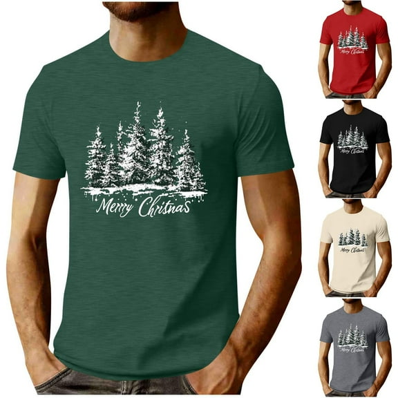 Feancey Merry Christmas Tree Tshirt for Men Holiday Casual Short Sleeve Crewneck Pullover Tees Fashion Xmas Party T-Shirts Gifts for Dad Green M