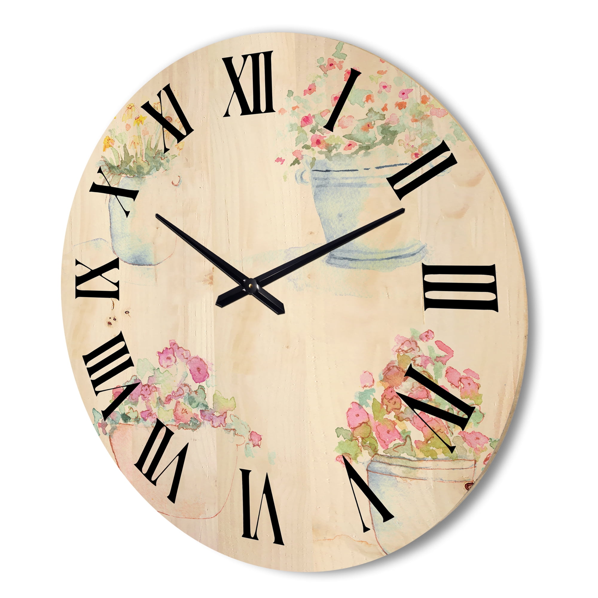 Designart 'Abstract Four Outdoor Flower Pots' Traditional Wood Wall Clock