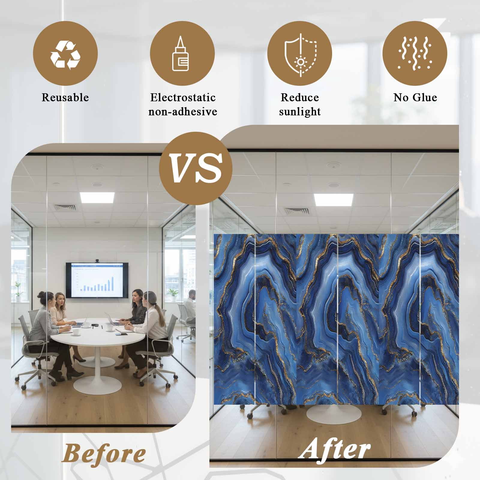 Navy Blue Marble Window Privacy Film, Contemporary Ink Painting Abstract Static Cling UV Sun Blocking Heat Control Window Tint Day and Night, Non-Adhesive One Way Windows Privacy Cover 23.6''x59''