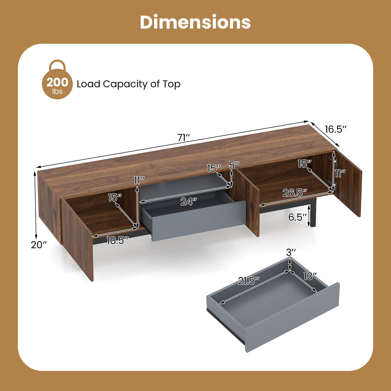 Costway TV Stand for TVs up to 80” with Drawer Cable Hole Metal Legs Entertainment Center