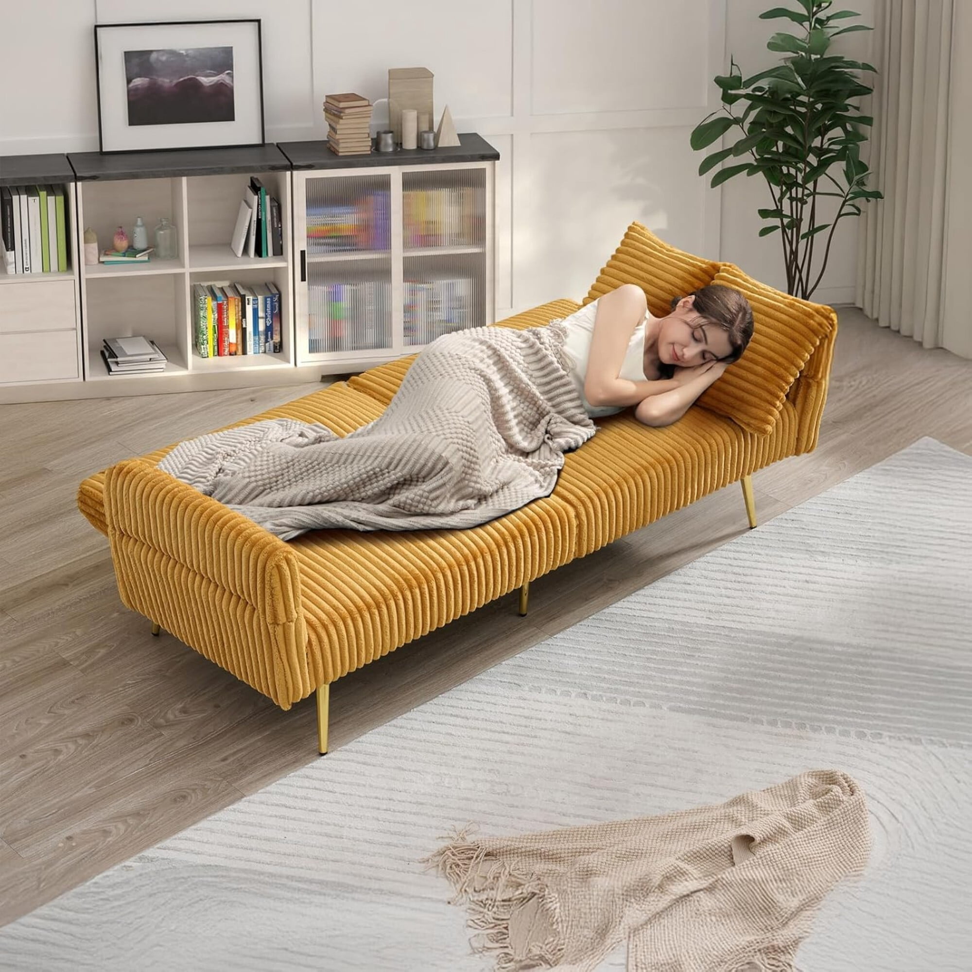 AENKYO 79'' Corduroy Convertible Futon Sofa Bed, Modern Sleeper Couch with Adjustable Arms & Back, Yellow