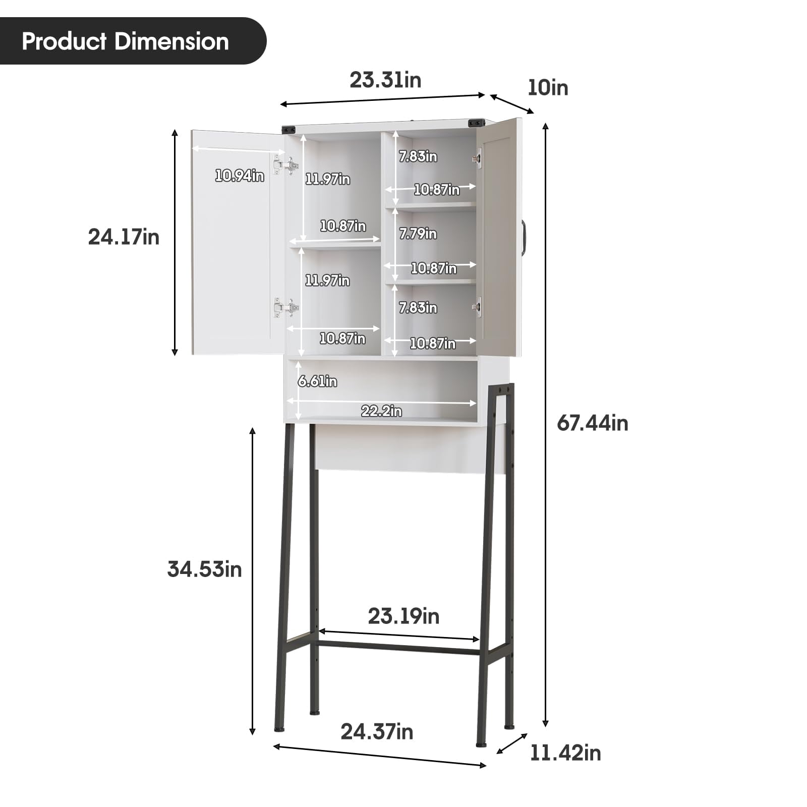 Biemlerfn Over The Toilet Storage Shelf, 3-Tier Wooden Bathroom Organizer Freestanding Space Saver with Toilet Paper Holder and 3 Hooks, Black