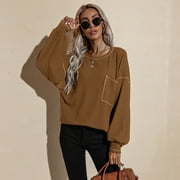 TBWYF Women's Knitting Sweater Bat sleeve Knit Pullover Loose Round Neck Top Khaki S