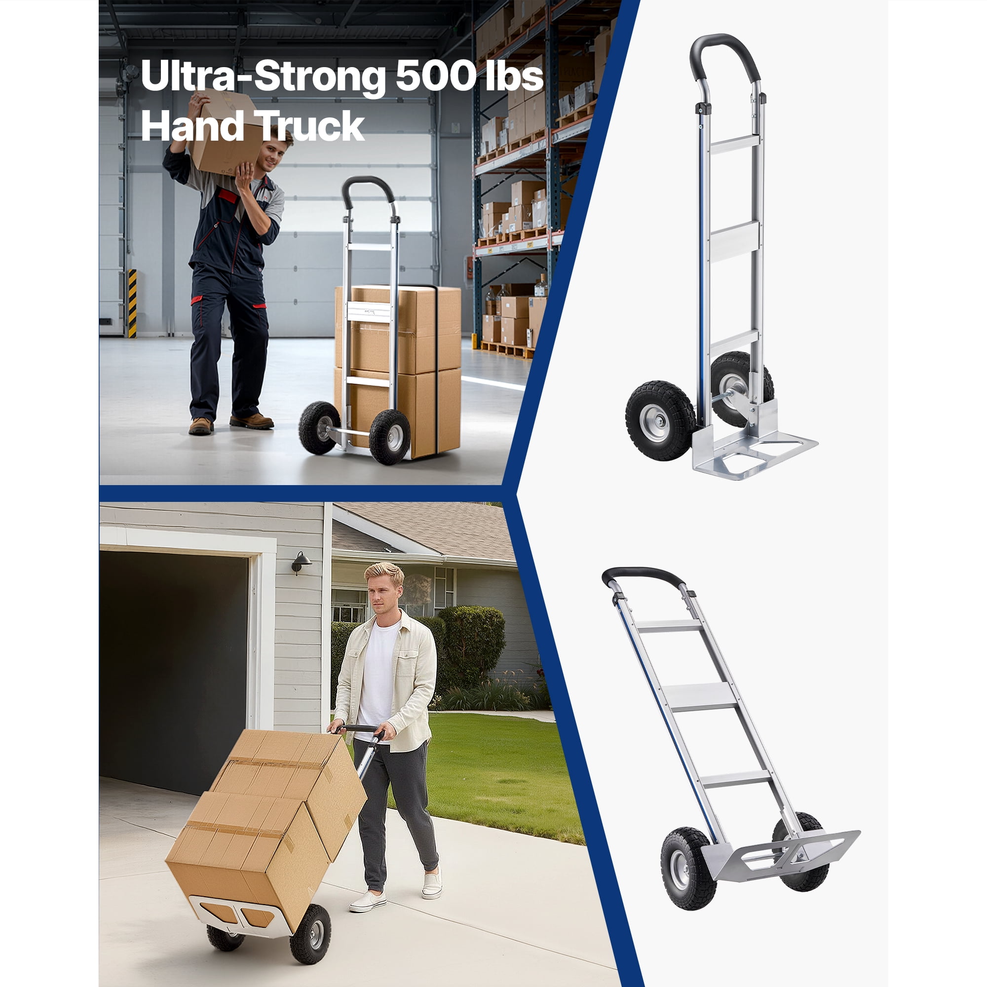 KFFKFF Heavy-Duty Hand Truck, 500 lbs Capacity, Durable Dolly with Non-Slip Wheels & Handle, Aluminum Alloy Portable Cart with Tie-Down Strap for Home, Office, and Warehouse Transport