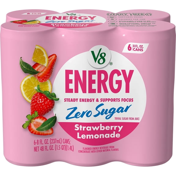 V8 Energy Zero Sugar Strawberry Lemonade, 8 fl. oz. Can (6 Pack)