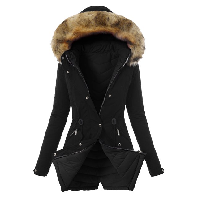 Gibobby Chaquetas con cierre Abrigo de invierno de talla grande para mujer, chaqueta de manga larga con cuello de solapa, abrigo grueso Vintage, chaqueta abrigada con capucharopa (Negro, L)
