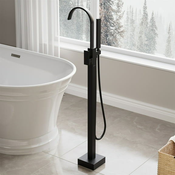 ANGELES HOME Free Standing Bathtub Faucet, Single Handle Floor Mounted Tub Filler Faucet with Handshower, Matte Black