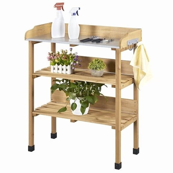 RTRWDC 3-Tier Garden Potting Bench - Solid Wood Construction, Waterproof Metal Tabletop, 3-Side Hooks, 30.5 Inch, Suitable for Outdoor Gardening Tool Storage/Planting Work