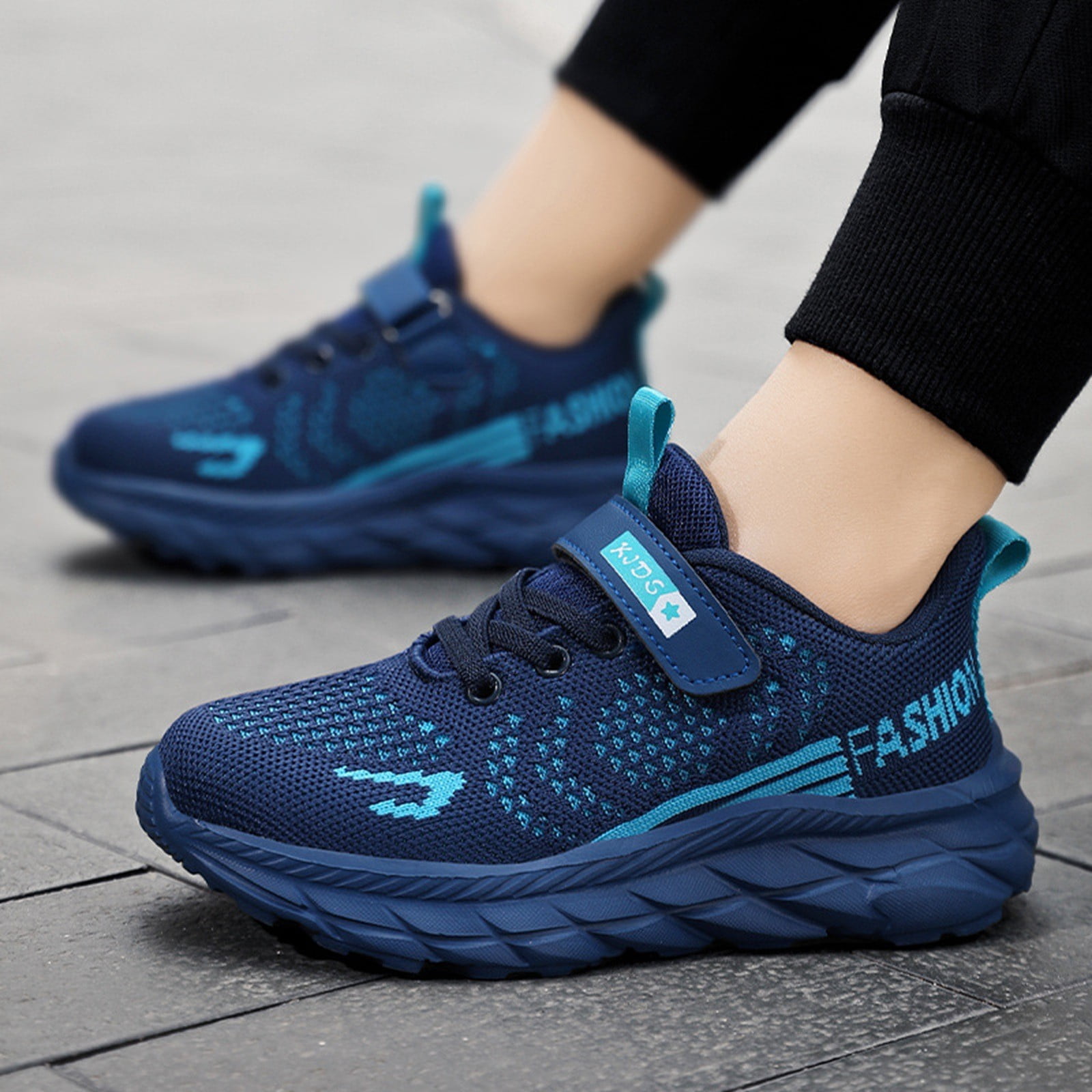 LIIPEE Boys Girls Sneakers Hook And Loop Strap Closed Toe Non- Mesh On Training Tennis Running Sports Shoes Child Breathable Outdoor Sneaker,Navy,11-12 Years