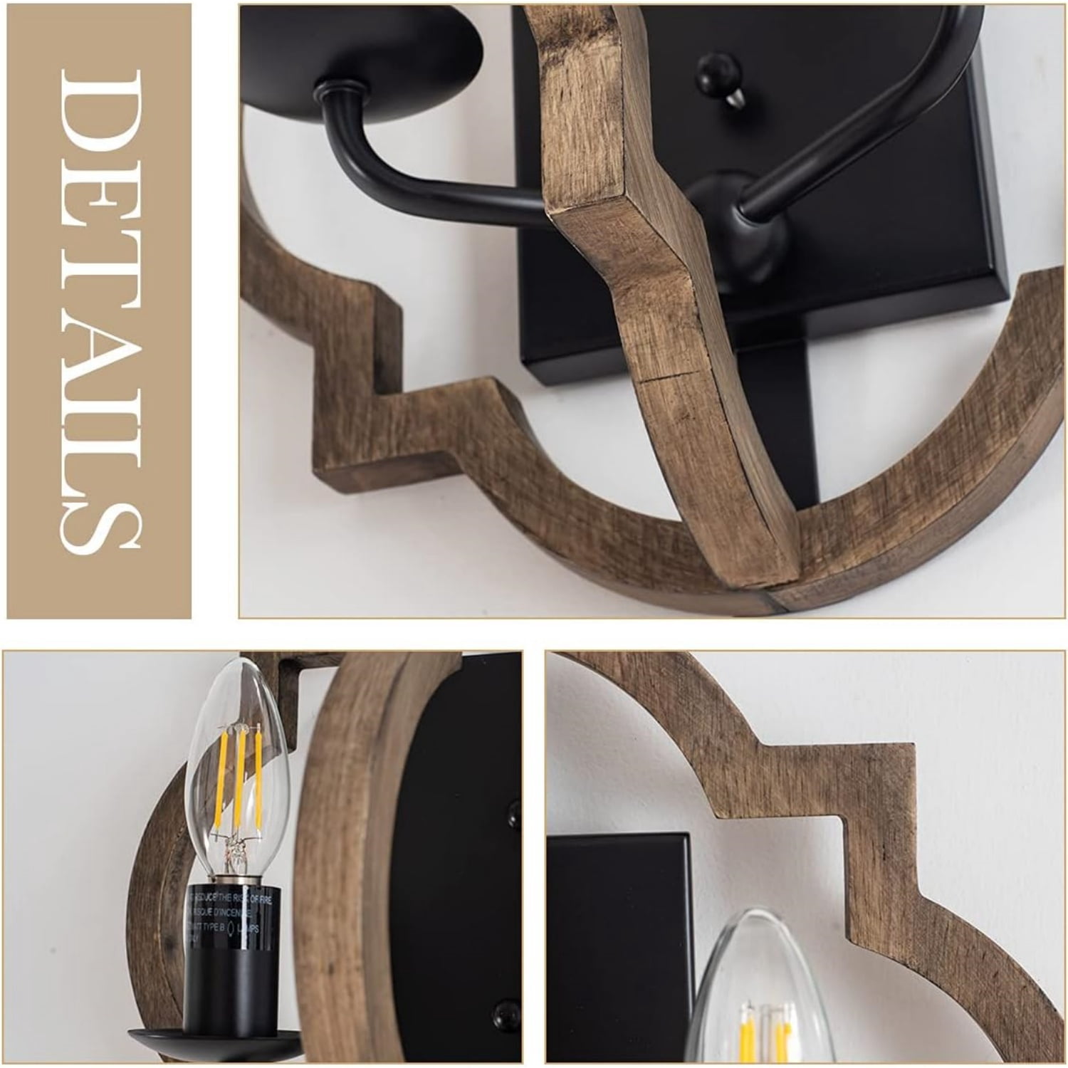 Wood Wall Sconces Retro Industrial Wall Light Farmhouse Geometric Bedside Wall Lamps Fixture Black Wall Mount Sconces for Bedroom, Hallway, Entryway, Passway, 2 Pack
