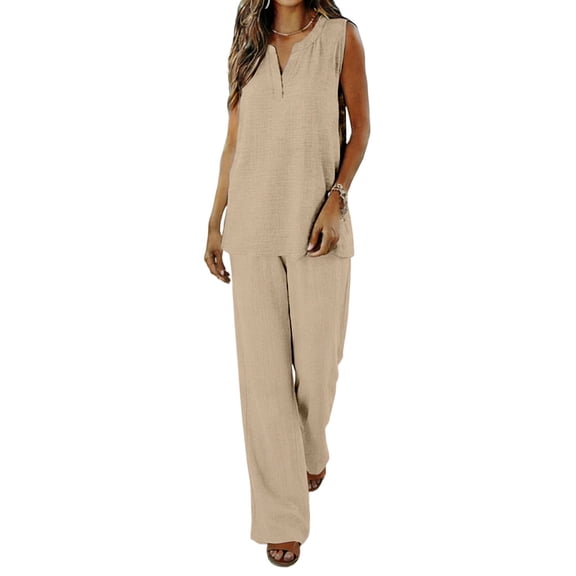 AHTJRT Women's Two Piece Sets Henley Sleeveless V Neck Tops Wide Leg Pants Travel Vacation Outfits Casaul Spring Summer Tracksuits Khaki S
