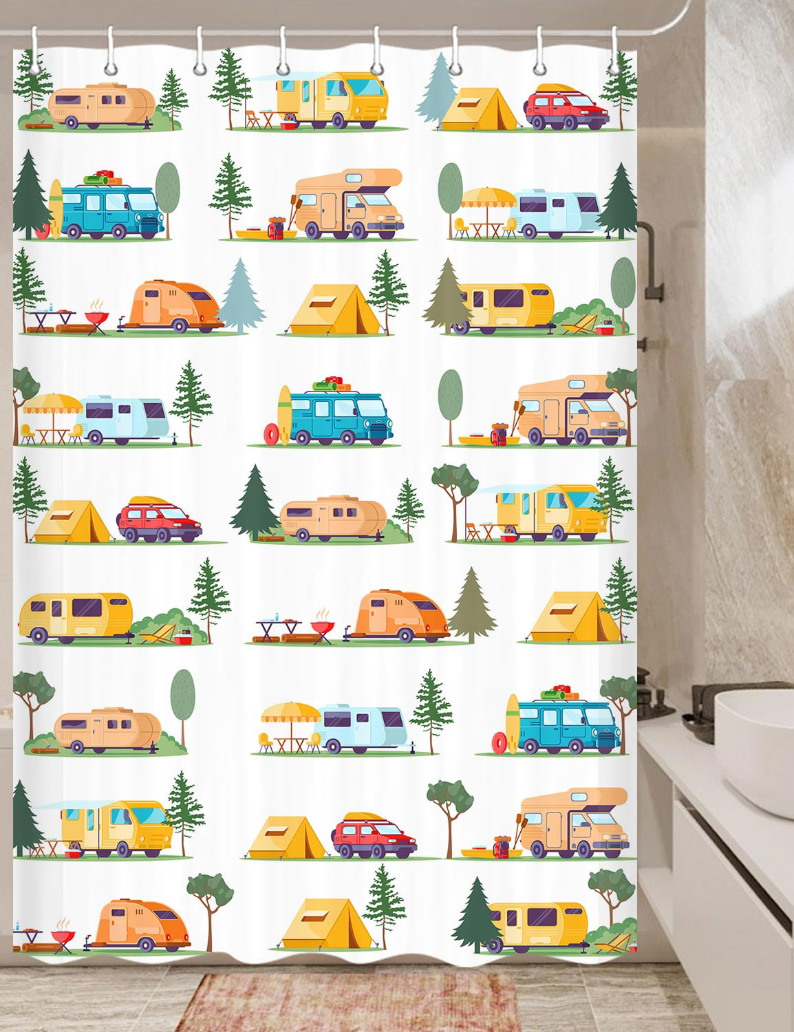 Happy Camper Shower Curtain Retro Rustic Wood Neutral Color For Travel