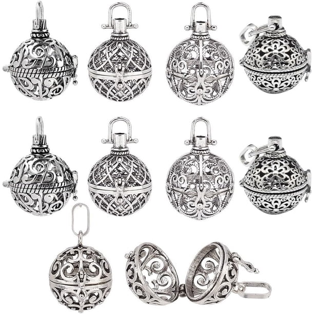 10 piezas de 5 estilos de dijes de jaula de latón, dijes de medallón, soporte de piedra, collar, jaulas de cuentas huecas de plata en espiral, colgantes de bola de carillón redondo
