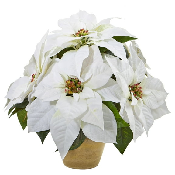 Nearly Natural Poinsettia Artificial Flowers in Ceramic Vase, White