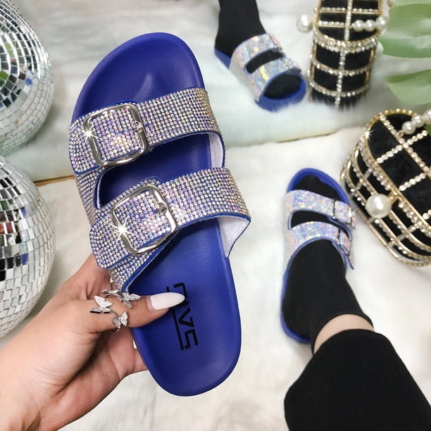 Verano degradado color suave cerrojo moda plana sandalias de diamantes de imitación zapatos de mujer Wmkox8yii hj789