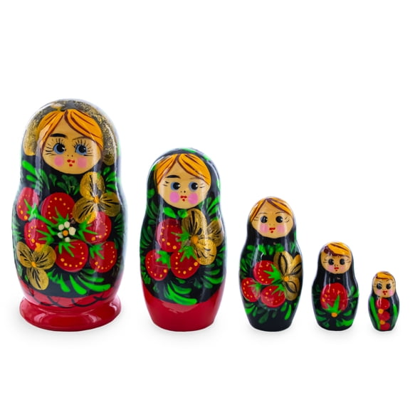 Black Hood with Strawberries Wooden  Nesting Dolls