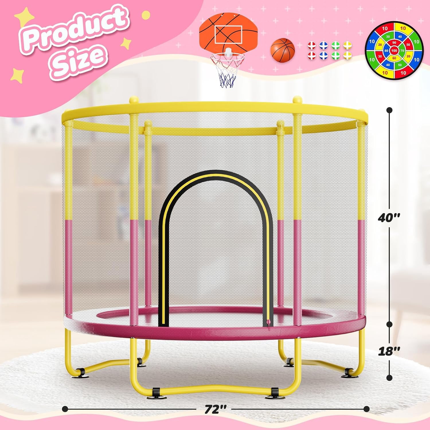 72-Inch Mini Indoor/Outdoor Trampoline For Toddlers, equipped with safety net, basketball hoop, and dartboard. Ideal as a gift for boys, girls, and infants.Pink