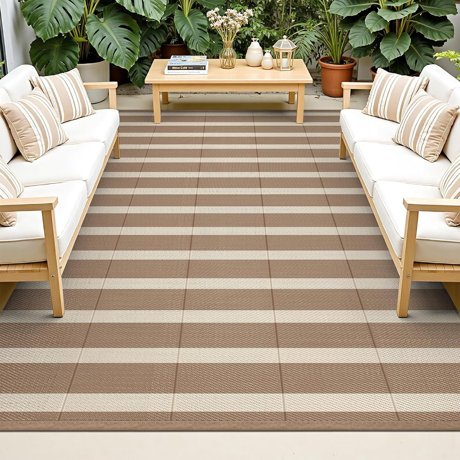 Enyhom Waterproof Outdoor Rug 6'x9', Reversible Striped Patio Rug, Plastic Straw Outdoor RV Carpet for Outsides, Patio, Camping, Balcony, RV and Deck, Brown/Beige