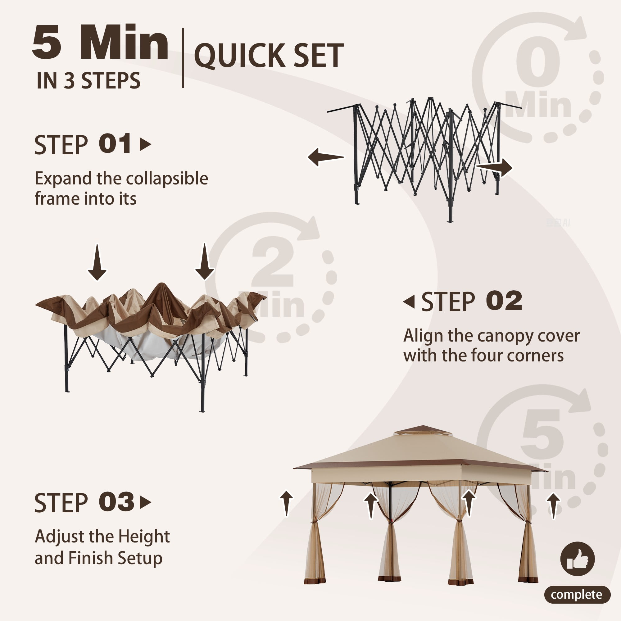 Bezseller 11x11 Pop up Gazebo, Outdoor Waterproof Canopy Tent with Mosquito Netting for Outdoors, Khaki