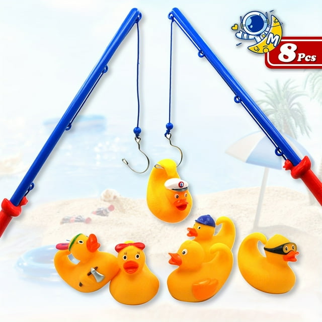8pcs Bathtub Toy Duck Fishing Game - 2 Fishing Rods And 6 Rubber Ducks - Teach Numbers
