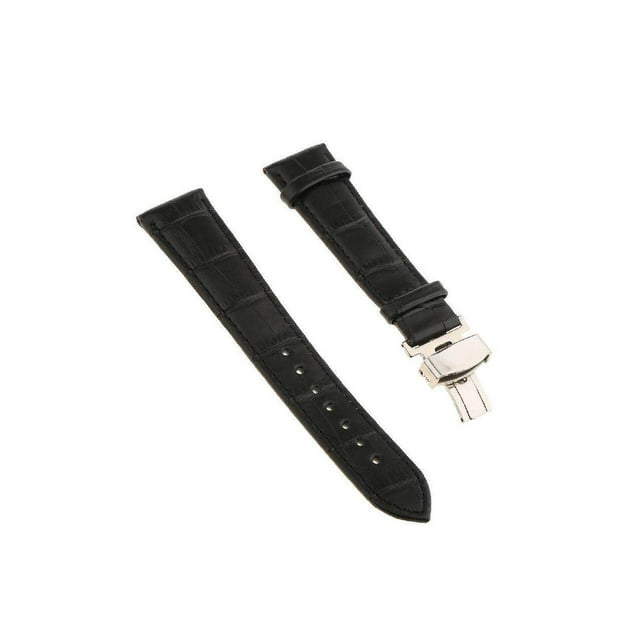 facefd Leather Watch Band Butterfly Deployment Clasp Buckle Black 22mm