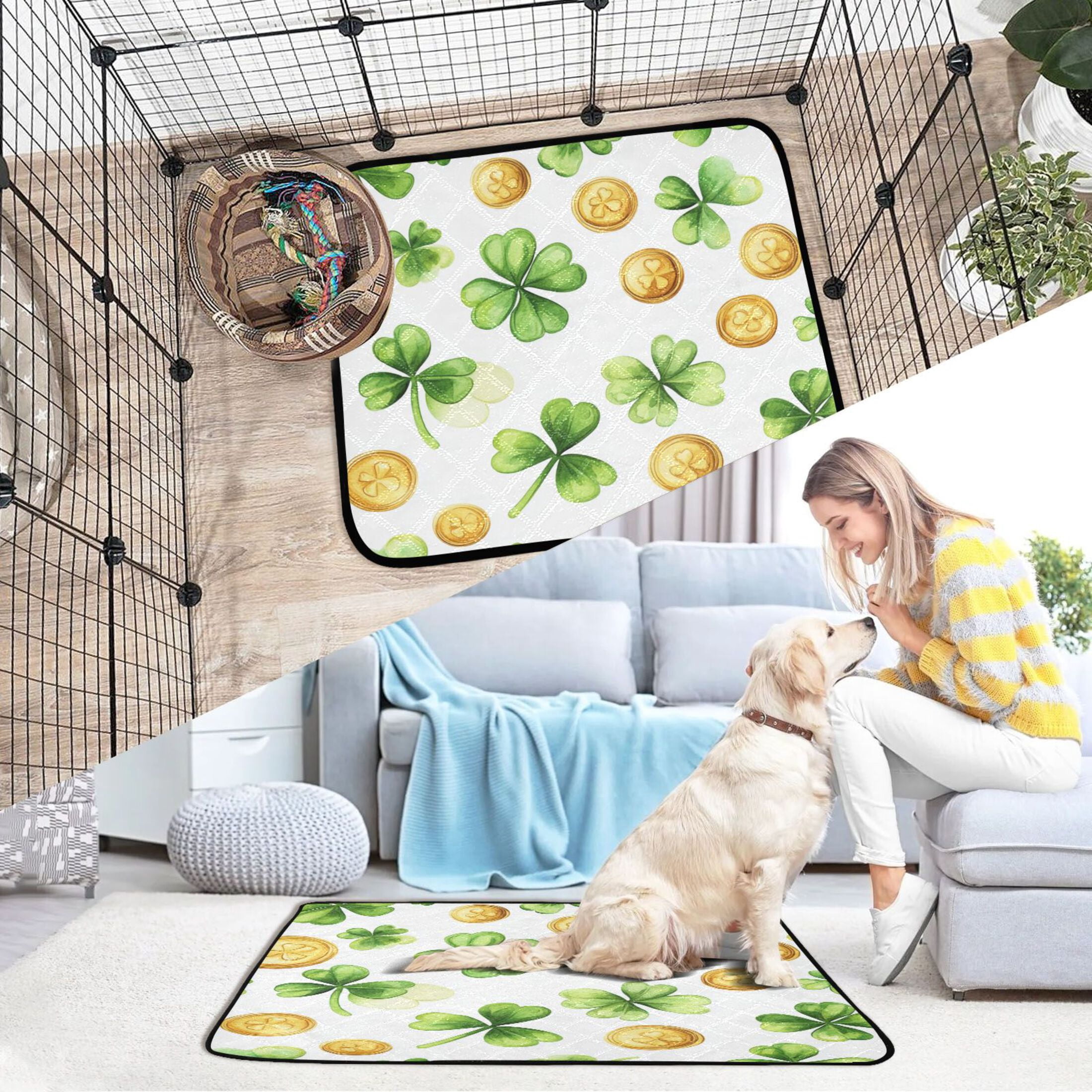 Qxltty St Patricks Shamrock and Gold Coin Patterns Cat litter Pads Pet Set of 2 Diaper Mats Center Anti-leakage Layer Absorbent Soft and Comfortable