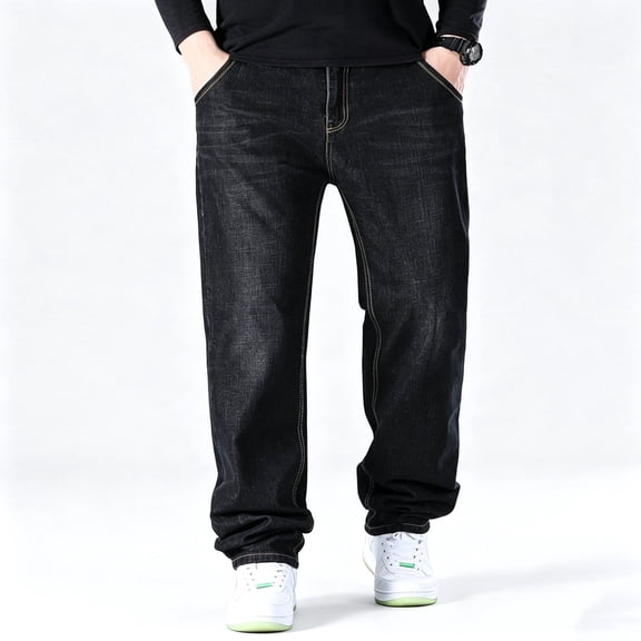 DENTOYOU Men's Jeans Comfort Flex Waist Relaxed Fit Denim Big & Tall Straight Jeans Black 44