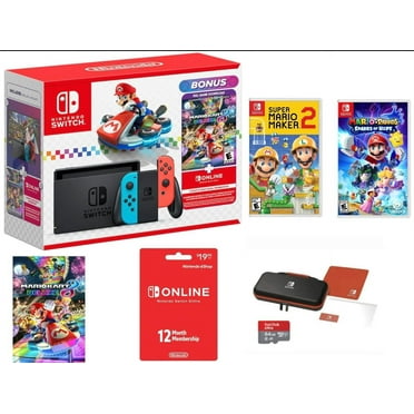 Nintendo Switch Mario Kart 8 Deluxe Bundle with Super Mario Maker 2 - Mario Rabbids Spark of Hope -  PowerA Nintendo Switch Case And Protector- 64GB Micro SD Included.