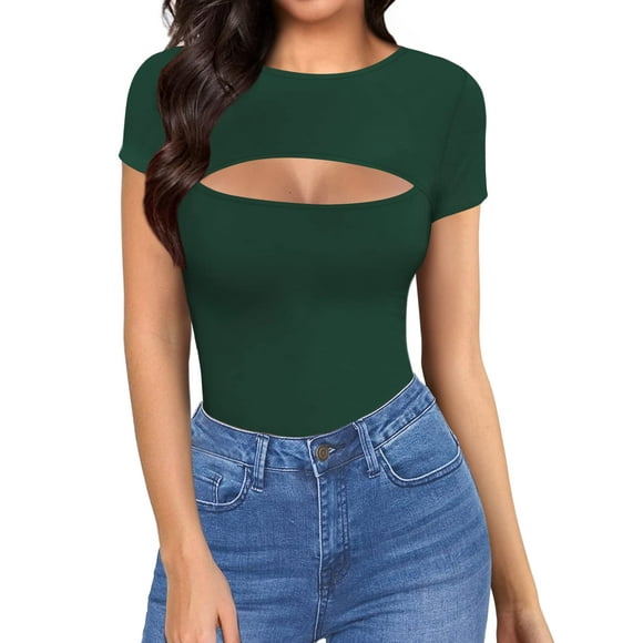 Algalaround Women'S Cutout Tops Basic Long Sleeve/Short Sleeve Round Neck Slim Fit T-Shirts (Short Sleeve Deep Green Small)