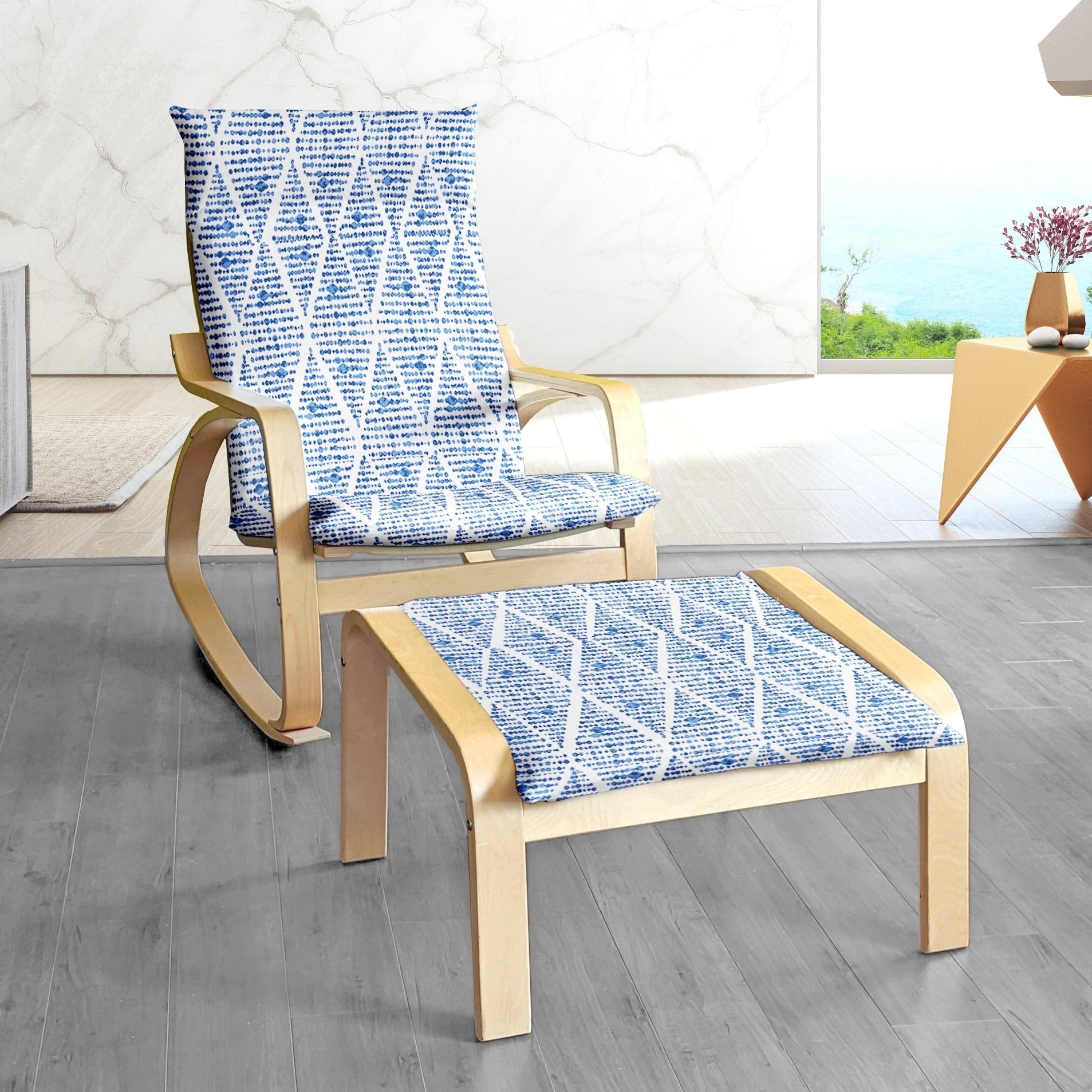 Compatible with IKEA POANG Chair and Footstool Covers, Boho Indigo Blue Diamond Print