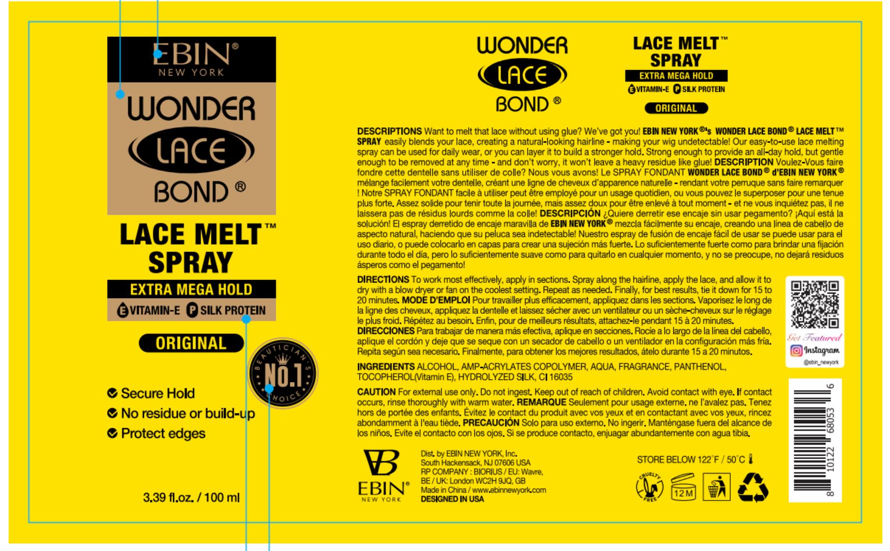 Ebin Wonder Lace Bond Lace Melt Spray 3.39 oz.- Extra Mega Hold, Original