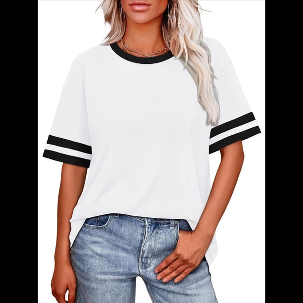 Camisetas de Mujer, Corte Holgado, Corta, Cuello Redondo, Bloques de Color, Moda de Verano 2025 XL