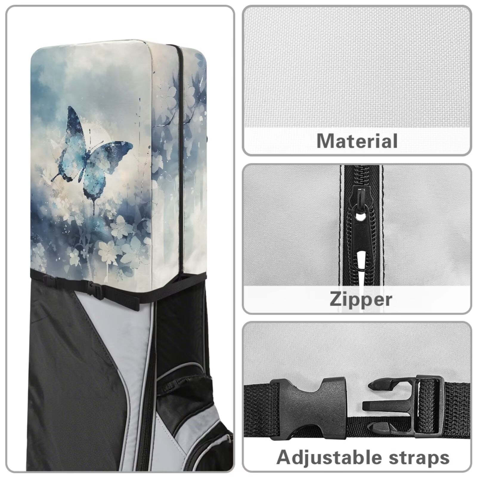 Chririnla Butterfly Golf Bag Cover Rain Hood 1260D Waterproof and Dust Cover Blue Floral Golf Club Rain Hood Foldable Removable Golf Gear UV Resistant Hoods fits Staff Bags