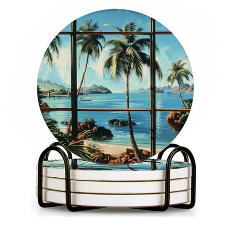

BaHomeck Drink Coasters Set of 4 with Holder view from the window of exotic island with palm trees and crysta Water Absorbent Ceramic Coasters Tabletop Protection Suitable for Various Cup Home Decor