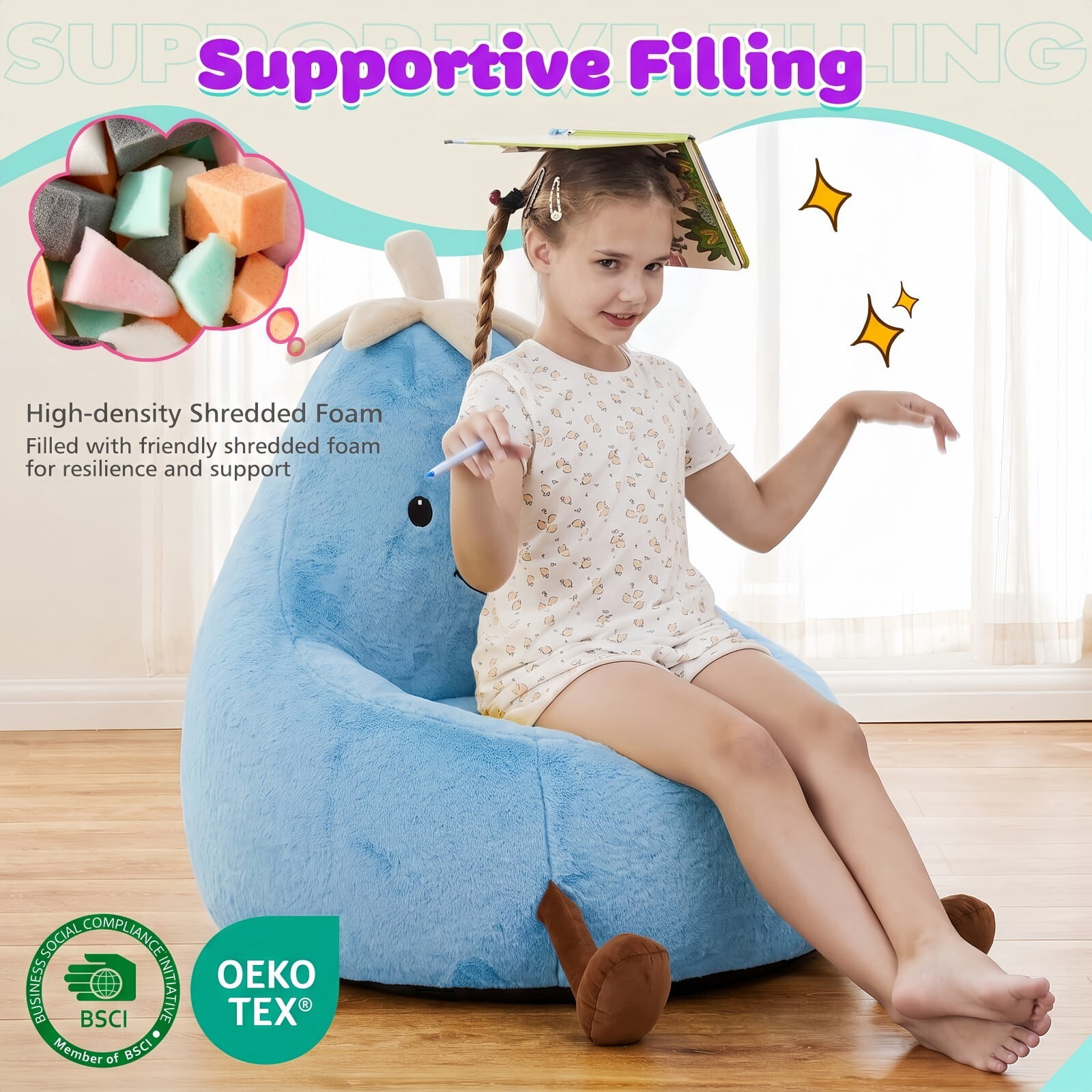 Kelno 24" Kids Bean Bag Chair Faux Rabbit Fur Lazy Chair Toddler Couch, Blue