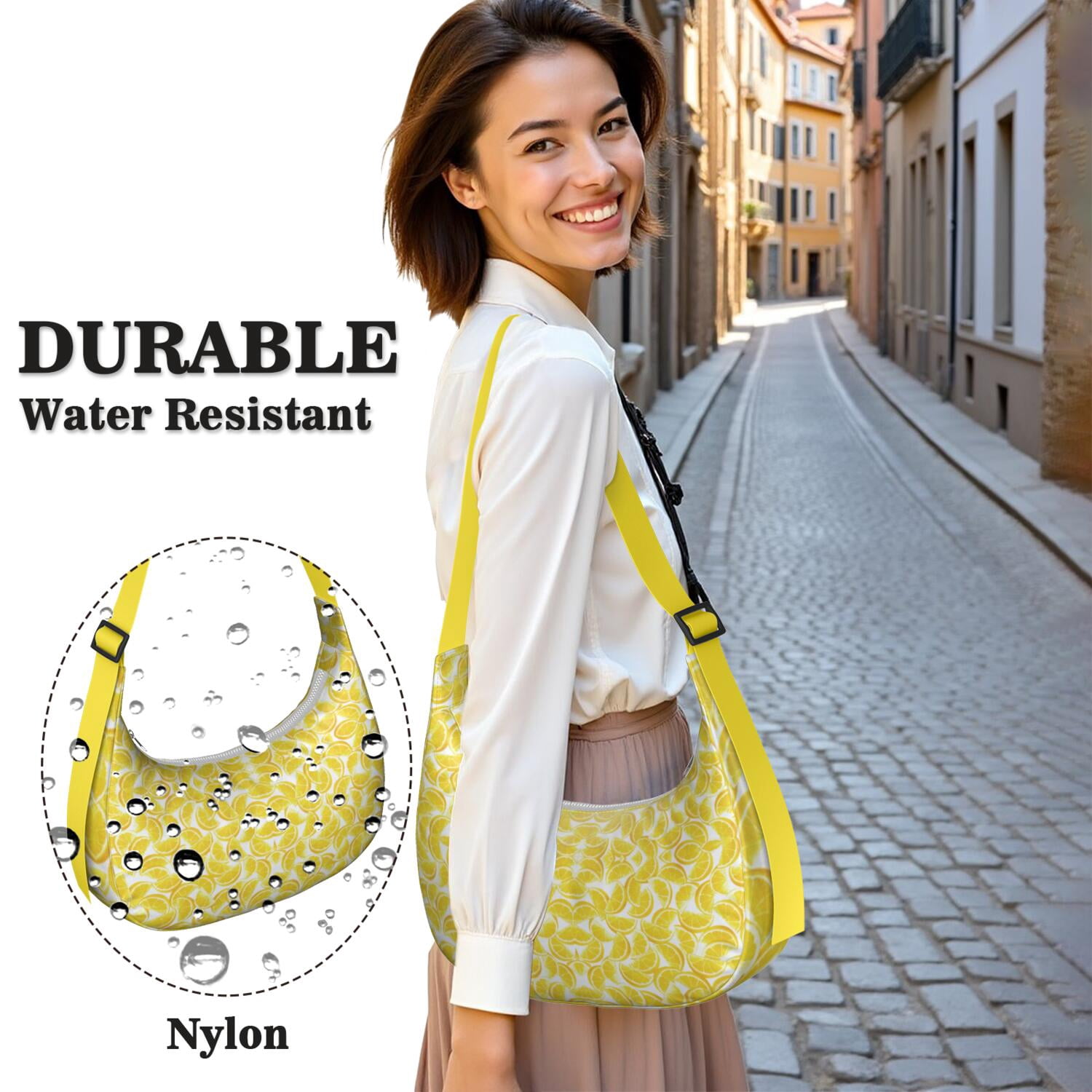 Summer Lemon Pattern Nylon Hobo Bag for Women, Bright Yellow Lightweight Shoulder Purse, Retro Crossbody Tote Handbag, Water-Resistant and Durable for Travel
