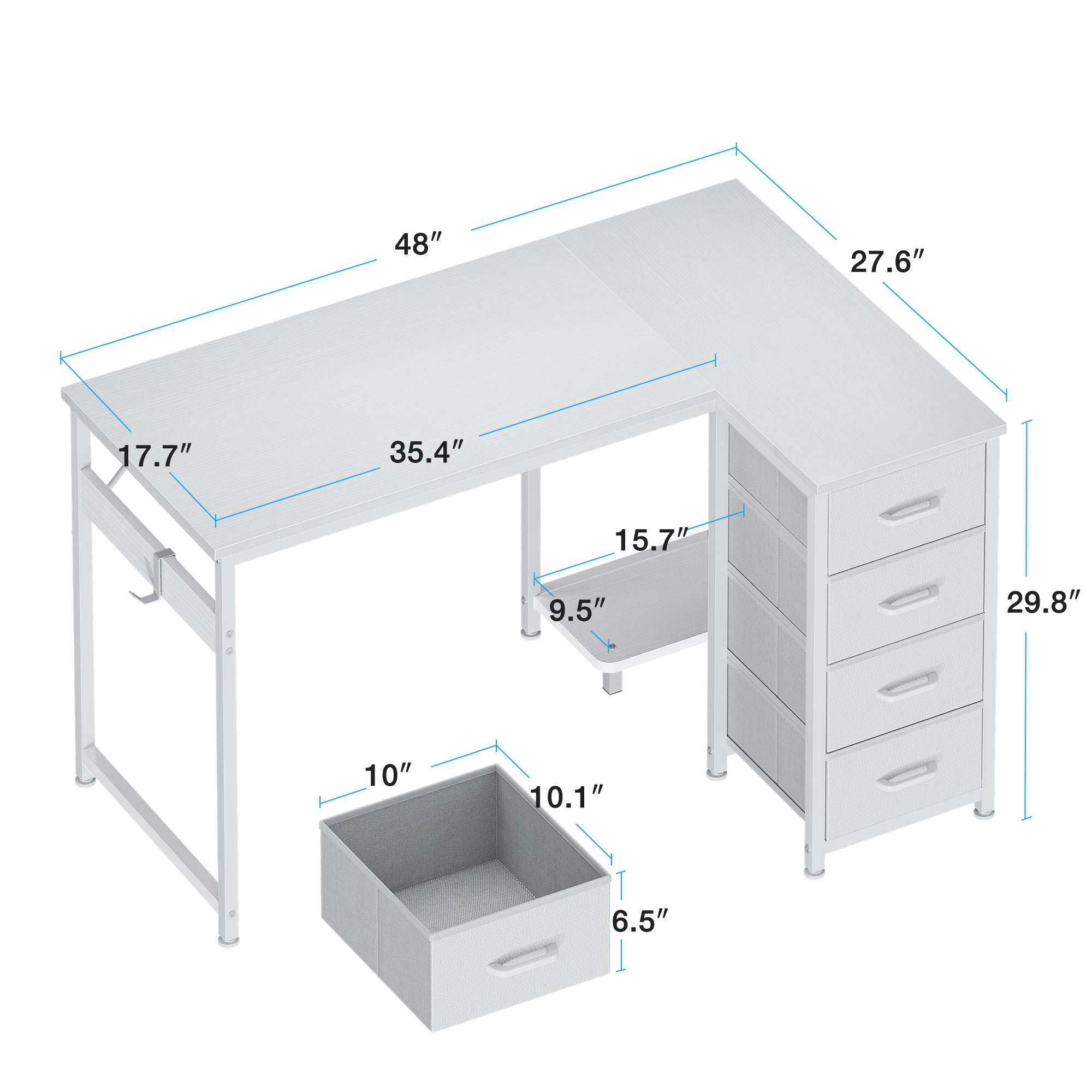48 inch Computer Desk with 4 Fabric Drawers — Home Office Desks with Storage, Writing Desk with Side Hook, Desk Study/Work Table for Bedroom and Small Space, White